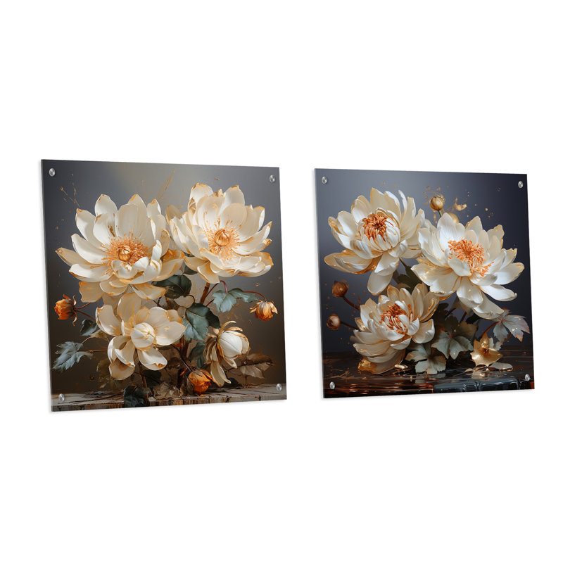 Gilded Tranquility Lotus - lot de 2 art mural en verre acrylique lotus, H 16 po x l 33 po