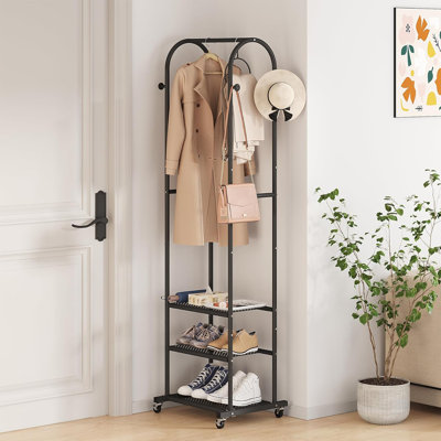 Portemanteau 3-en-1 avec roues et crochets, portemanteau en métal robuste avec étagères à chaussures, organisateur de porte d'entrée autoportant étroit pour les petits espaces dans le couloir, la chambre ou la salle de bain