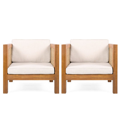 Chaise club d'extérieur pour 2 personnes, structure en bois de couleur, accoudoirs et coussin en tissu beige, style bord de mer moderne