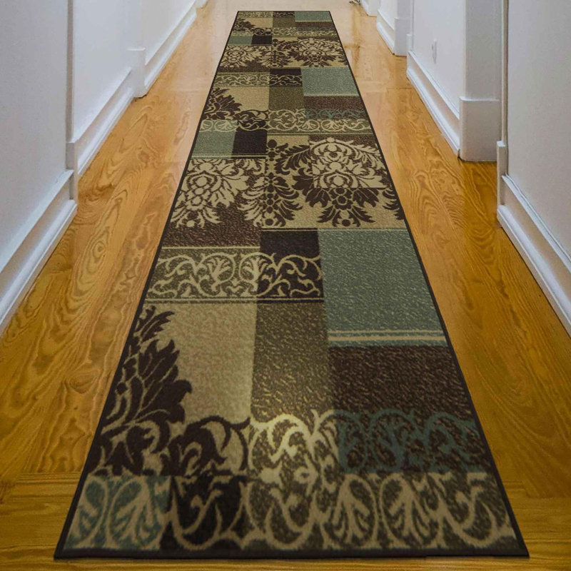 Ottohome Non-Slip Damask Area Rug for Living Room, Hallway Runner, Entryway Rug,  Brown/Green, Runner 1'8" x 4'11"
