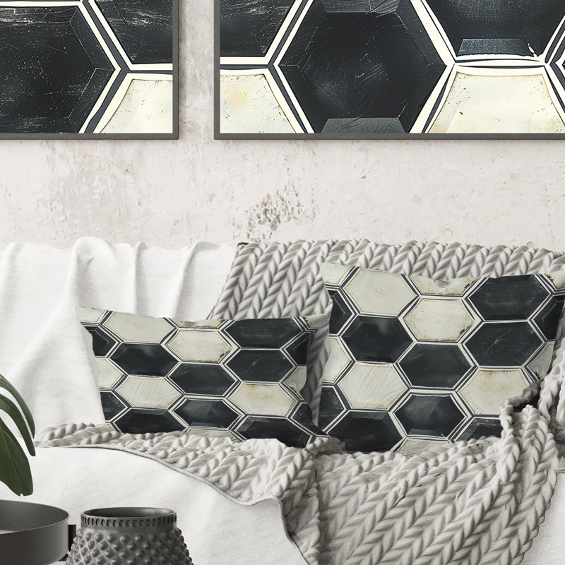 Coussin noir et blanc Hexagon II - Mid-Century, H 16 po x l 16 po