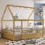 Lit simple au sol en bois avec structure de toit de maison, garde-corps de clôture (simple, naturel)-708840105-736521164