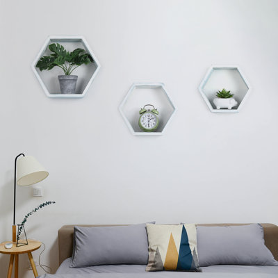 Ensemble de 3 tablettes flottantes et cadres photo suspendus en nid d'abeille bleu-blanc