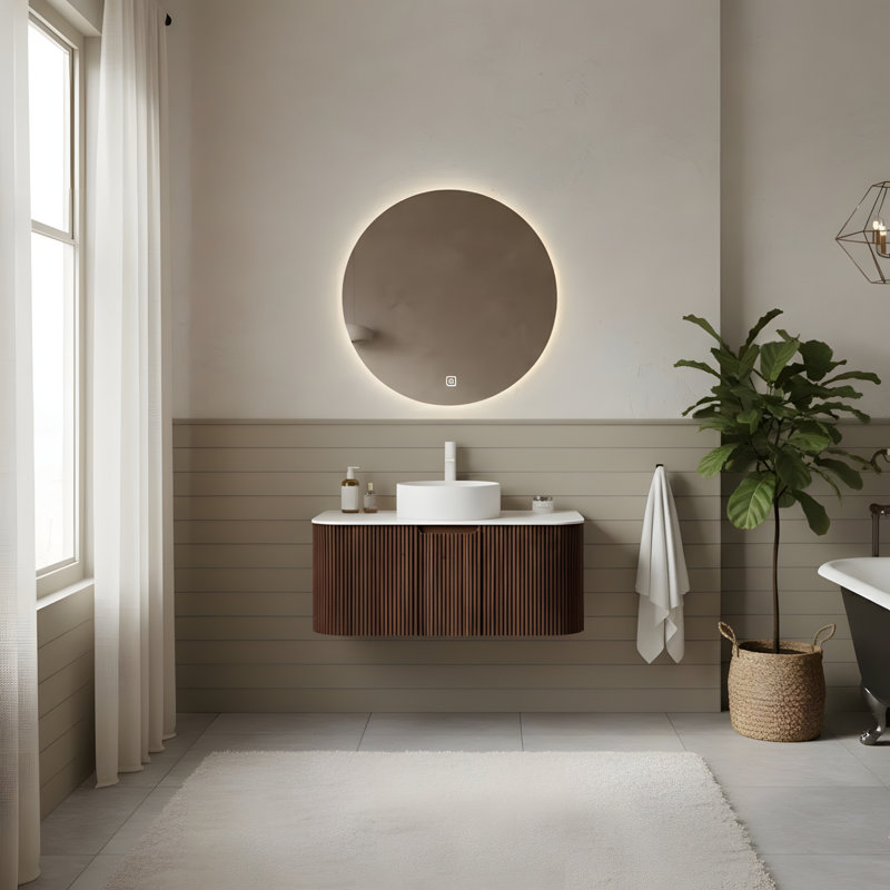 Meuble-lavabo flottant mural 36 po avec lavabo rond en céramique blanc et tiroir, 36"