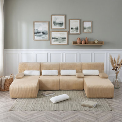 Canapé modulaire en U en velours côtelé 4 places avec sièges incurvés et coussins intégrés