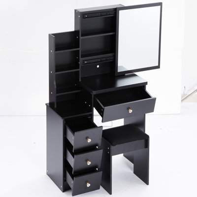 Petit meuble-lavabo noir avec miroir coulissant extra large, tabouret rembourré et rangement de grande capacité, convient aux espaces de rangement multi-couches American Design