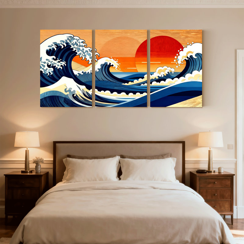 «Nautical & Beach Wave Sunset Mountain Ocean Reflection», ensemble de 3 impressions sur toile, H 36 po x l 72 po