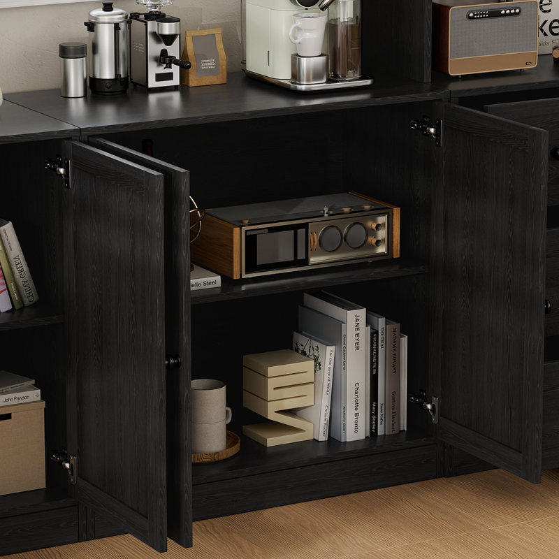  Reshod 71'' Kitchen Pantry With Bookcases, Farmhouse Wall Unit Tv Stand For Tvs Up To 70", Black
