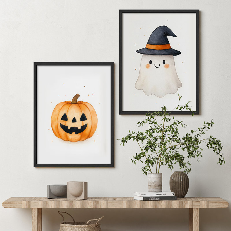 Adorable ensemble de 2 reproductions d'art encadrées citrouille et fantôme d'Halloween, H 16 po x l 12 po, Blanc