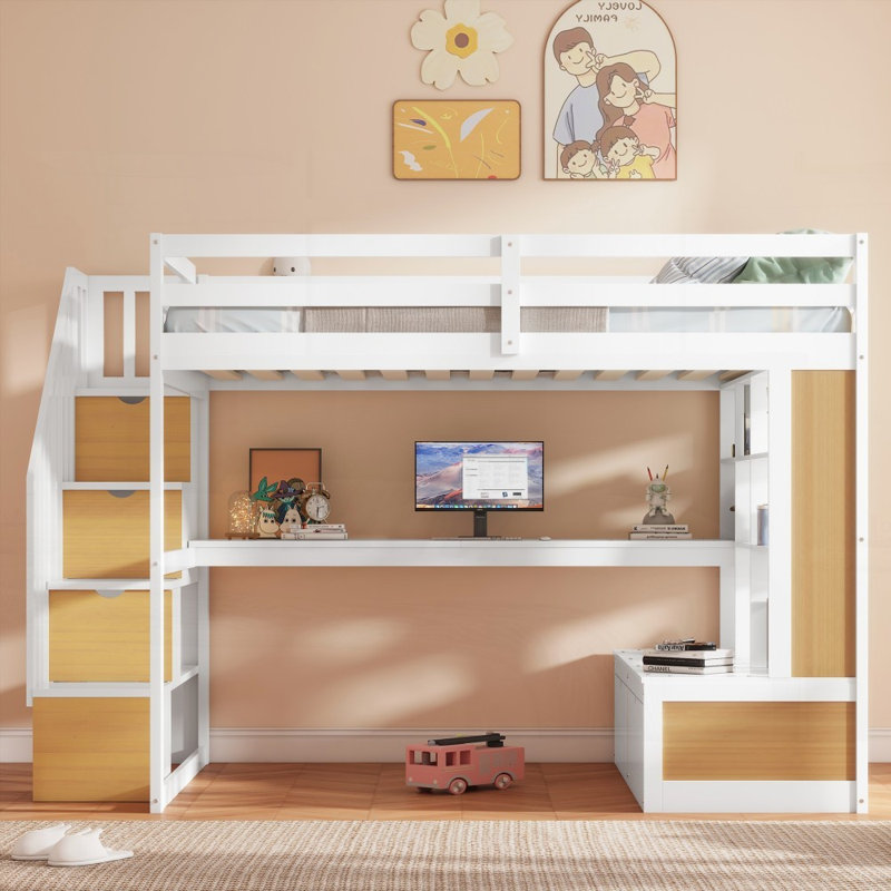 Lit mezzanine double avec bureau et amp; Tablettes - aucun sommier nécessaire, robuste et amp; Durable!