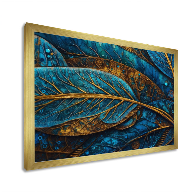 Kalypso, bleu et or, mélodie de Boho I - art mural plume Boho, Cadre doré simple, H 34 po x l 44 po x P 1,5 po