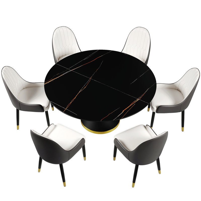 Ensemble de salle à manger moderne à 6 personnes avec base en piédestal Benedic, Noir, Blanc / brun