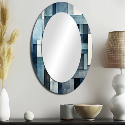 Indigo Illusion Abstract Shapes II - Grey Modern Oval Wall Mirror