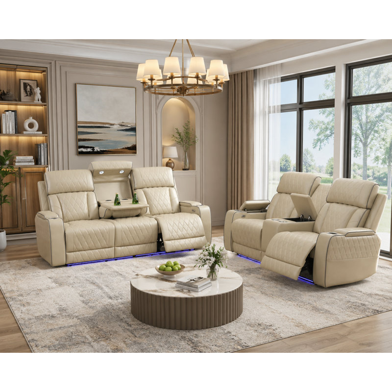 Ensemble de canapé et causeuse inclinable électrique en cuir beige 2 pièces avec lumières DEL et porte-gobelets, Beige