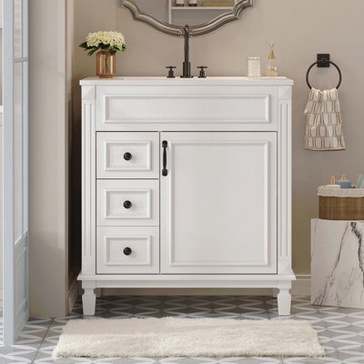 30" Bathroom Vanity With Ceramic Sink, Modern Small Sink Cabinet, 2-Drawer, Adjustable Shelf