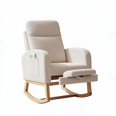 Corduroy Nursery Rocking Chair with Foot Rest, 26 in High Backrest, 300 lb Capacity, Beige, 36.22 x 25.98 x 40.16 in by Trinx
