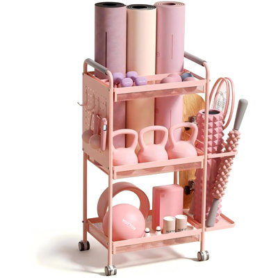3-Tier Gym Storage Rack for Home Gym,Multi Functional Weight Rack, Dumbbell Rack, Yoga Mat Holder with Side Basket, 6 Hooks, Gym Equipment Organizer