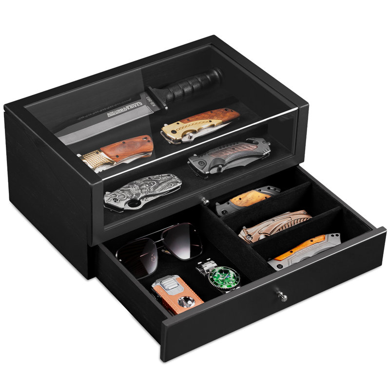 Présentoir à couteaux pour collections de couteaux de poche, boîte de rangement à 3 niveaux pour couteaux pliants, organisateur de couteaux en bois massif avec tiroir en verre, noir