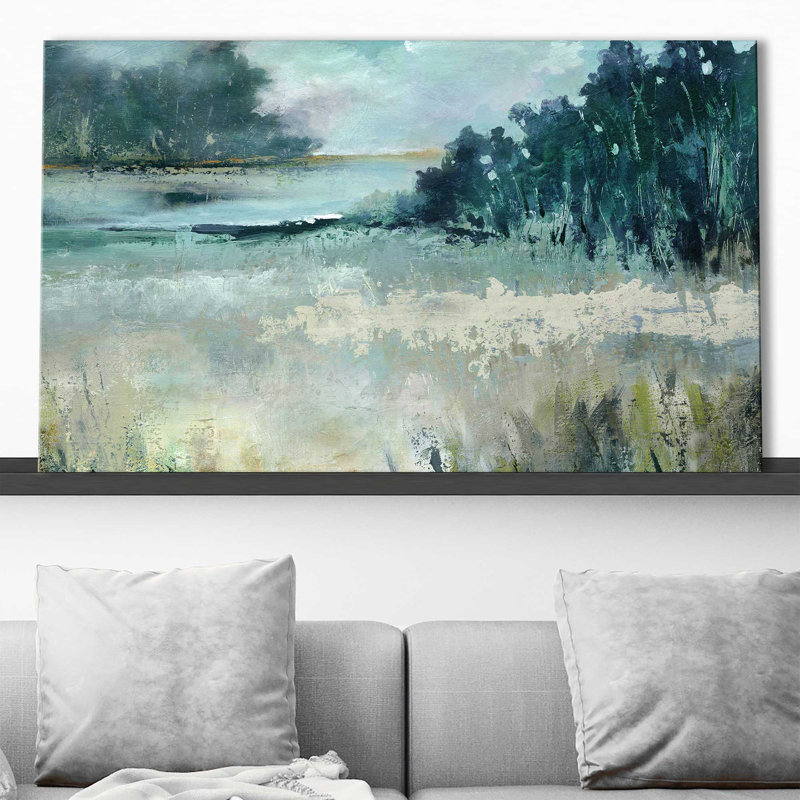 Calm River Valley par Carol Robinson - Peinture, L 30 po x H 18 po, Toile tendue