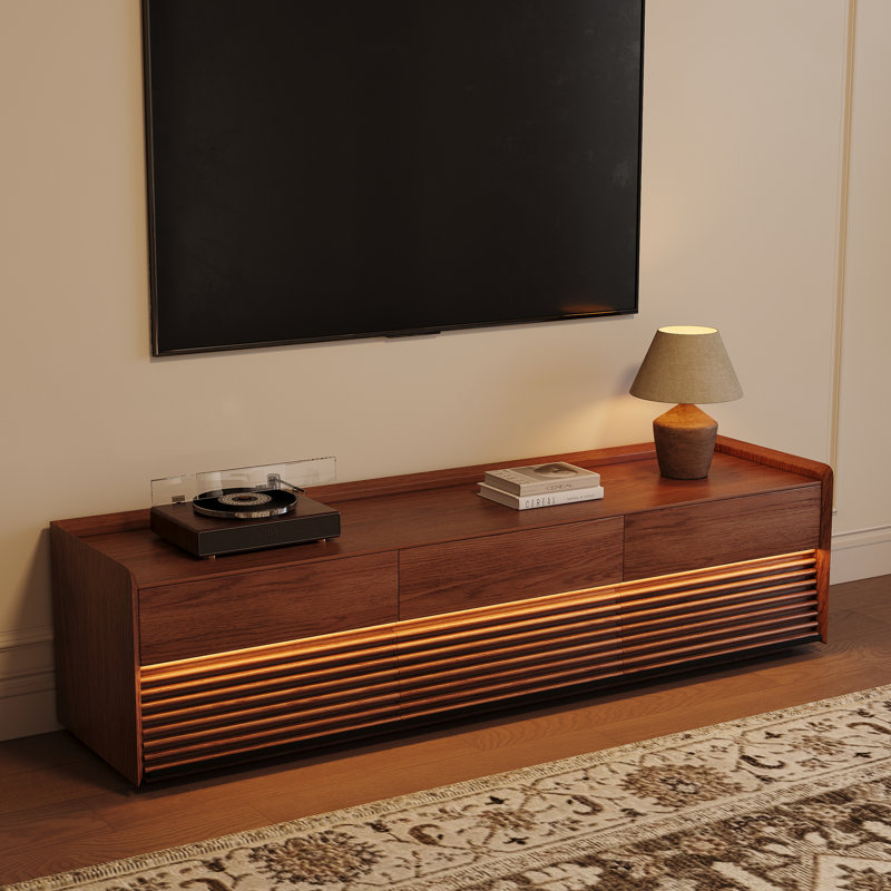 Meuble télé Mid-Century moderne avec lumière DEL, entièrement assemblé, H 19,27 po x L 70,87 po x l 15,75 po, Brun