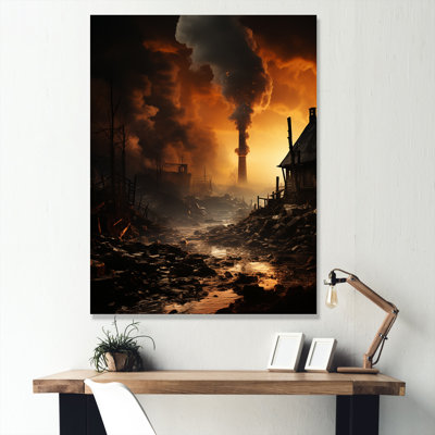 Paysage industriel monochrome au coucher du soleil sur toile