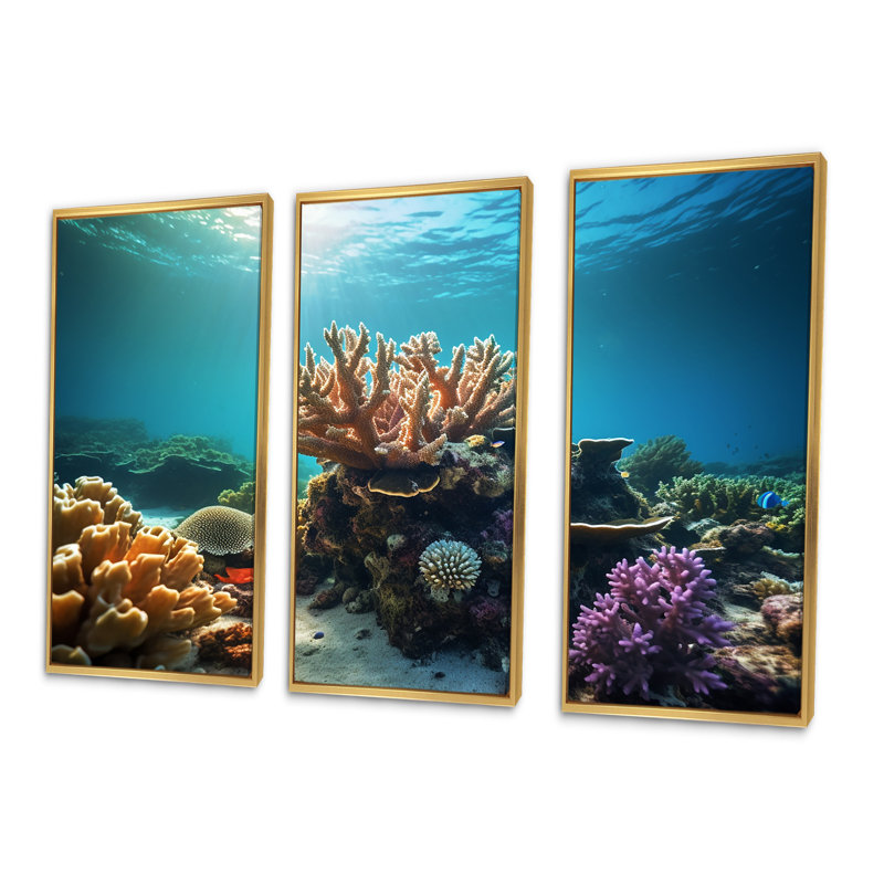 La beauté cachée des coraux branchés - Ensemble de salon art mural corail sous l'eau, Cadre flottant doré