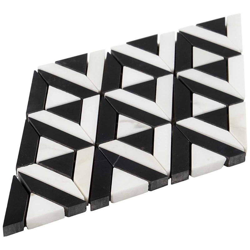 Monroe 8x8 Triangle Polished Marble Mosaic Tile, Black/White