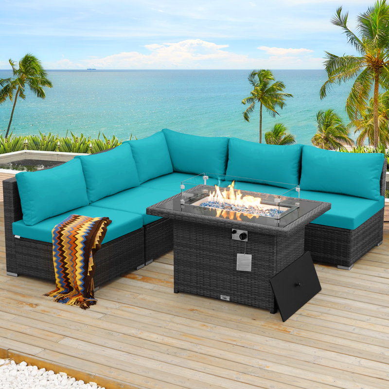 Arisbel 6-Piece Wicker Outdoor Modular Sectional Conversation Set with 43" Fire Pit Table, 60,000 BTU, High-Back 4.1" Cushions