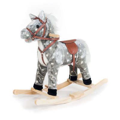 Cheval à bascule - Cheval en peluche avec noyau en bois et base robuste - Chaise berçante pour tout-petits pour enfants de 3 ans et plus par Happy Trails (gris)