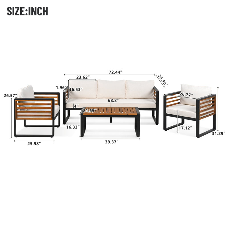 Large Size 4-Pieces Outdoor Furniture Sofa For 5 Person Conversation Set, Garden Sofa Set With Removable Cushion, Metal And Wood Frame Sofa Set, Thick Cushions, Acacia Wood Tabletop