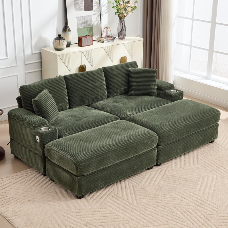 86.6" Upholstered Sofa Corduroy 3-Seater Sofa Deep Seat Couch With Movable Ottoman, Armrest Storage, USB And Cup Holder