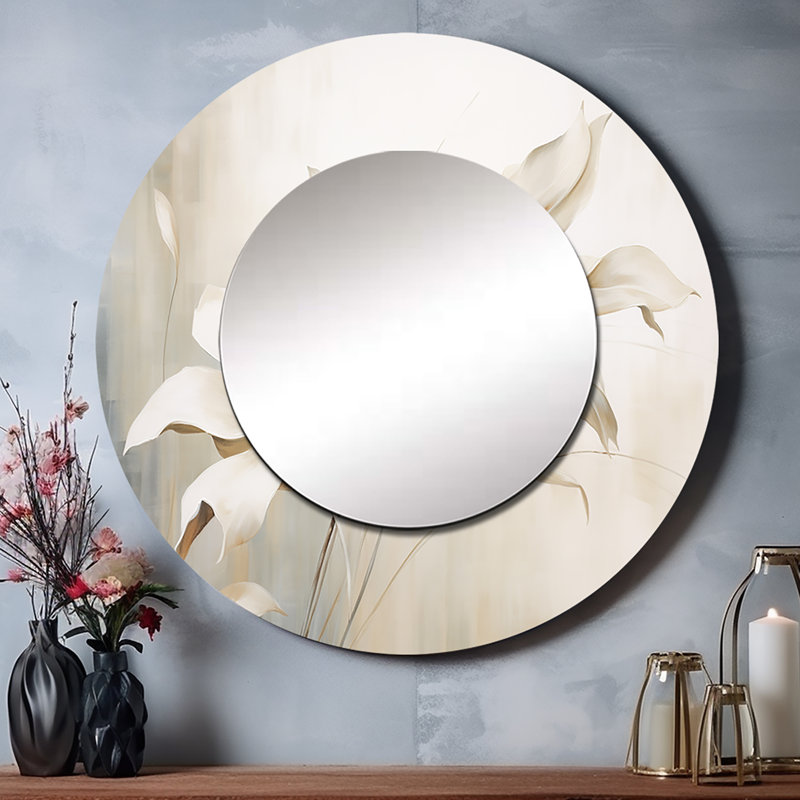 Orvella White Botanical Elegance III - grand miroir botanique, miroir mural décoratif rond moderne, impression d'art en métal