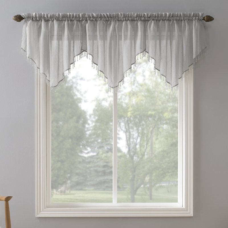 Mardis Beaded Tassels Crushed Sheer Voile Ascot Window Valance, Silver Gray