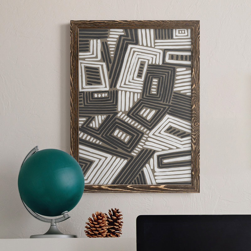 Toile abstraite encadrée de qualité abstraite Maze IV - prête à être suspendue, Encadré de bois de noyer
