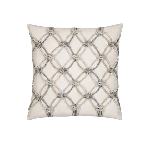 Square throw pillow featuring a cream-colored fabric base accented with a decorative, braided rope lattice overlay in neutral gray and tan tones.