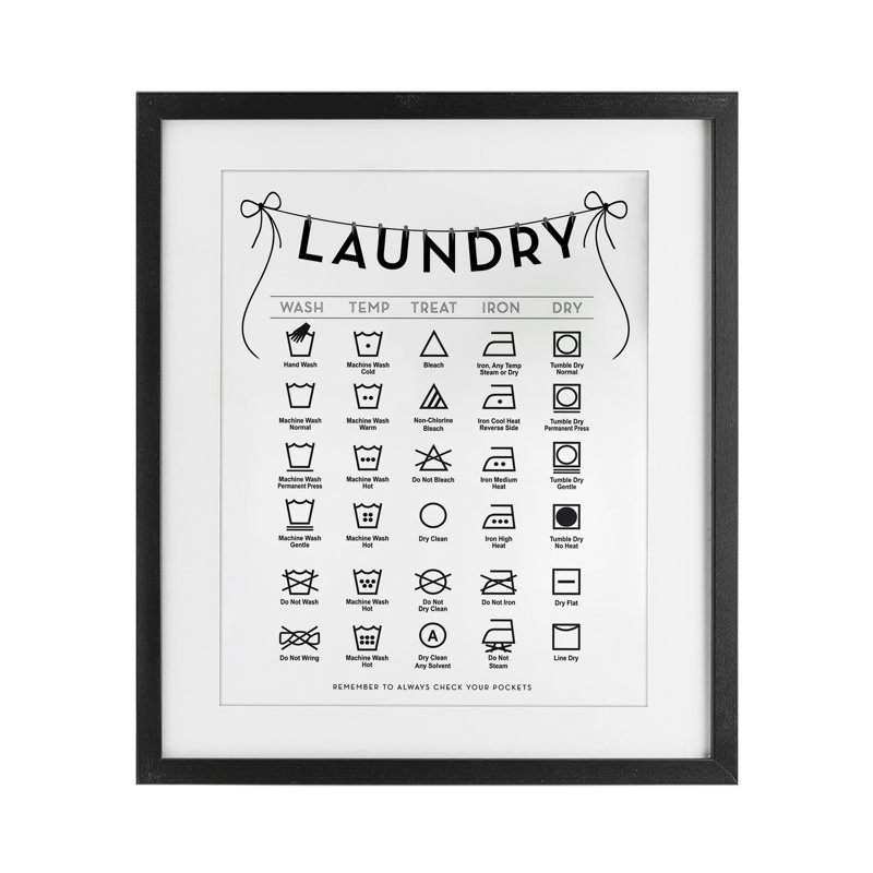 «Laundry Laundry Symbols with Ribbon Accent», reproduction imprimée sous verre encadrée, H 16 po x l 13 po, Cadre noir minuit