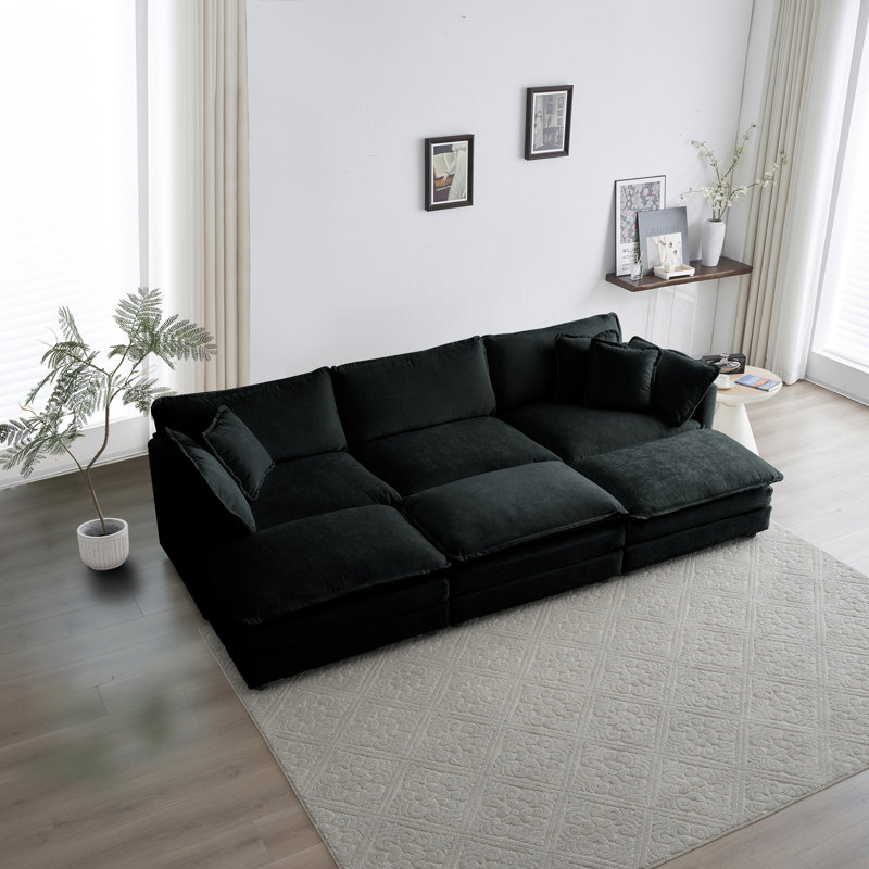Jeffers Chenille Fabric Upholstered 4-Piece Sectional Sofa, Black Chenille, 33" H x 111.42" W x 57.4" D
