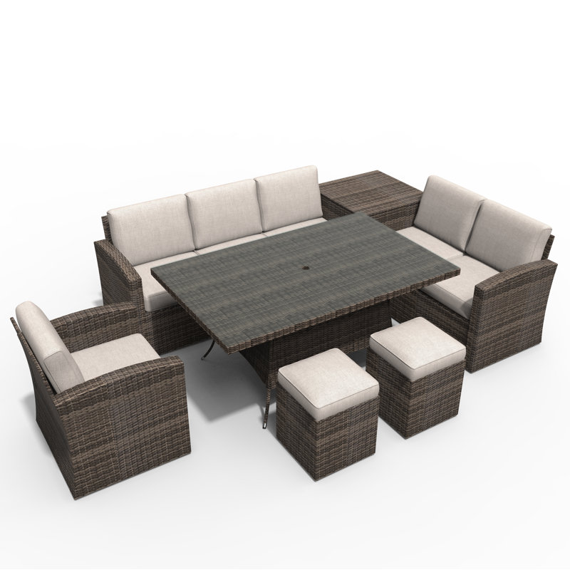 Wicker 8 - Person Patio Conversation Set with Cushions, Brown