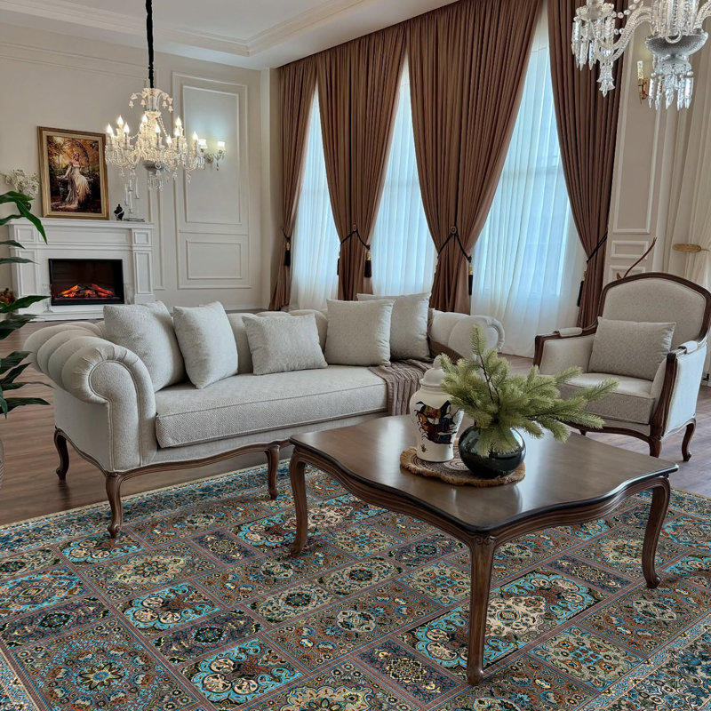 Oriental Floral Machine-Washable Non-Slip Rug., Rectangle 5' x 8'
