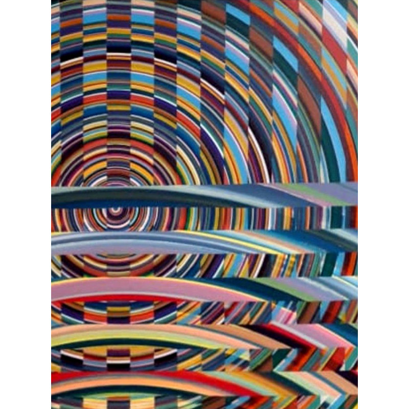 "Out of Horizons", peinture acrylique par Ghanshyam Gupta - Art abstrait géométrique sur toile 35 "x 41" avec cercles concentriques et motifs cosmiques pour décoration intérieure