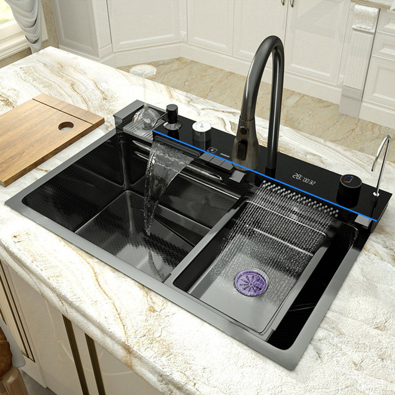 Single Bowl Stainless Steel Kitchen Sink With Integrated Digital Display Waterfall Faucet Set Soap Dispenser Cup Washer Multifunctional Household Wash Basin Kitchen Available In Hotel Apartments