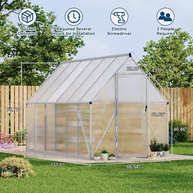 Aluminum Frame Polycarbonate Greenhouse with Roof Vent, Heavy Duty Outdoor Garden Kit, 6.4' H x 5.55' W x 10.96' D, Silver