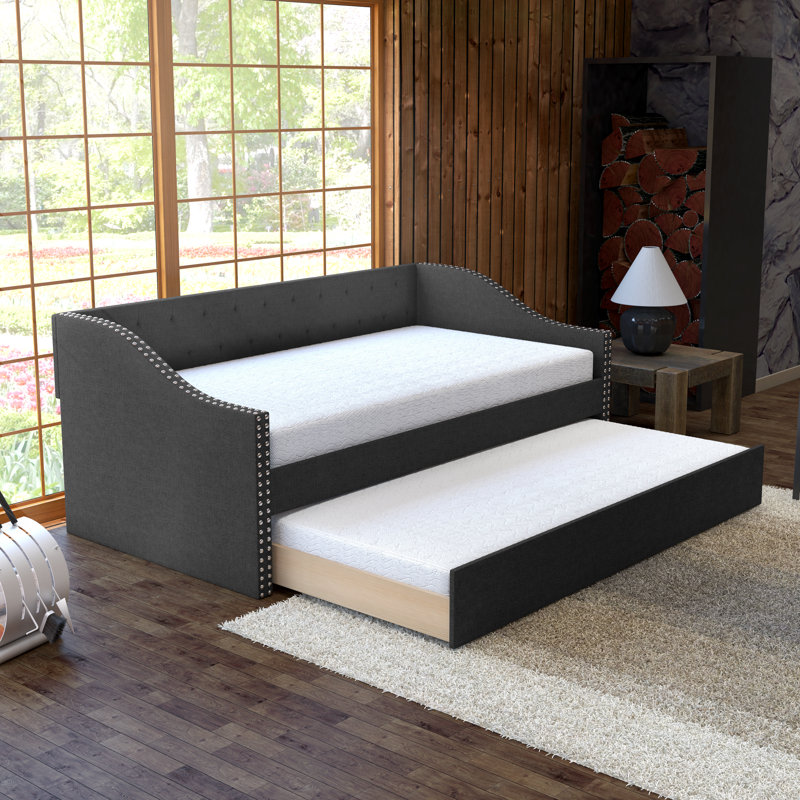 Manchester Upholstered Daybed with Pull Out Trundle, Twin Size, Tufted Backboard, , Black Linen