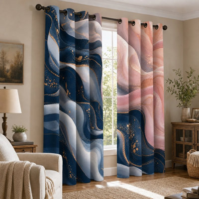2 pièces de rideaux abstraits à texture fluide, motif bleu et marbre, style luxueux à l'encre de luxe moderne, double couche bloquant le soleil, isolant thermique, décoration de salon pour la maison