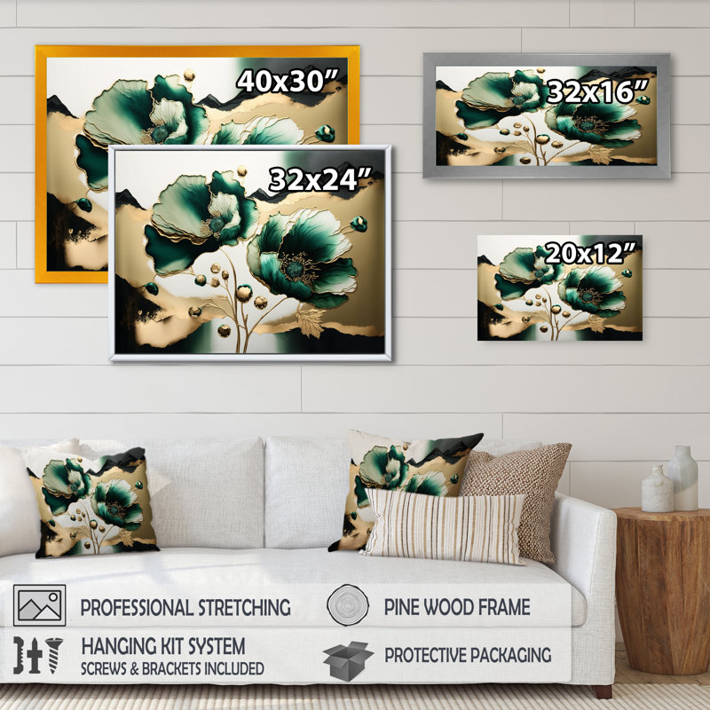 Or et vert coquelicot floral Euphoria I - coquelicots, art mural, H 12 po x l 20 po x P 1 po, Cadre flottant érable