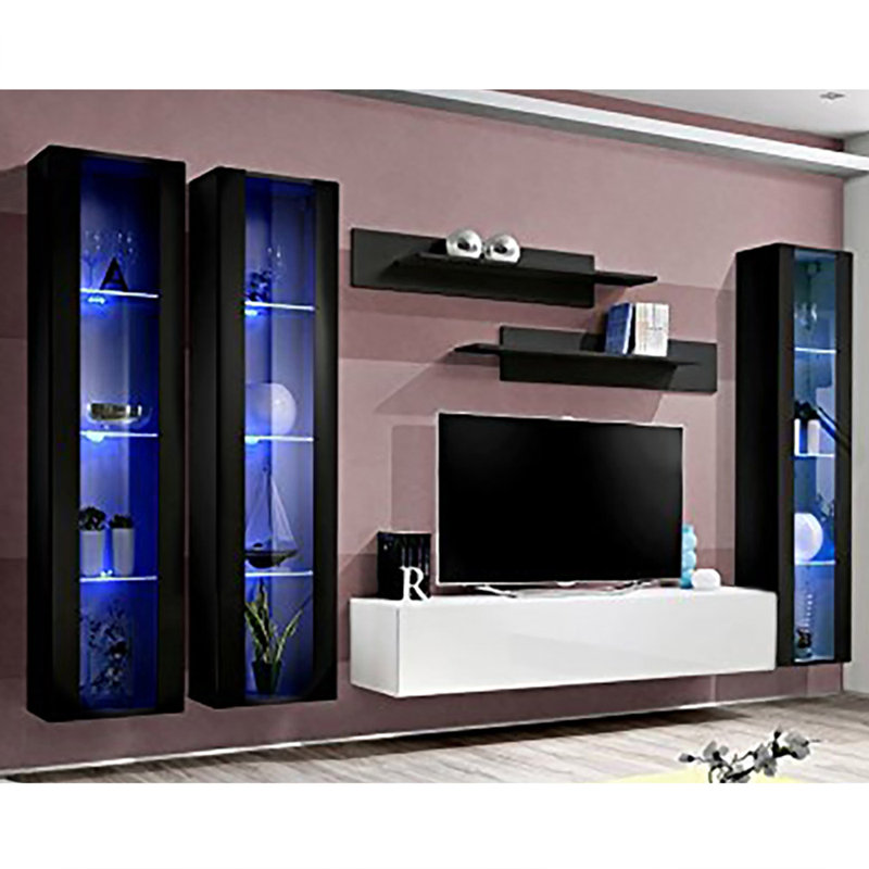 Aubrea 120" Modern Floating Wall Mounted Entertainment Center with 16-Color LED Lighting, High Gloss Finish, Black/White