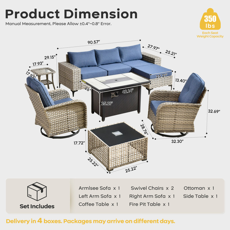 8-Piece Patio Conversation Set, Modular Outdoor Wicker Sectional With Wide Armrests And Coffee Table, Patio Sofa Set With Swivel Rocking Armchairs And Cushions