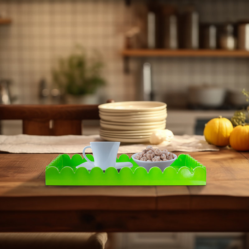 Hindley Hand-Crafted Rectangular Scalloped Wood Tray, Green