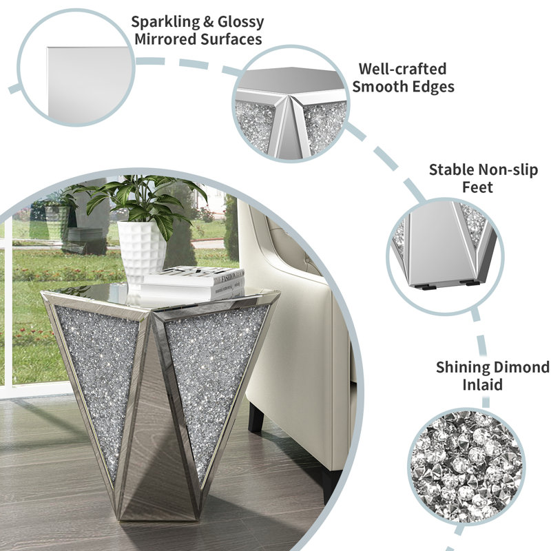Brayan 19.7'' Tall Pedestal Mirrored Glass Top End Table with Crystal Inlay, High Gloss Side Table for Living Room, Bedroom, Nightstand