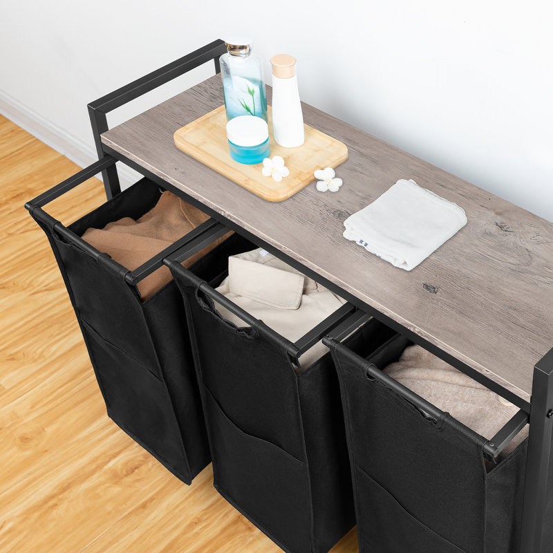 Wood Rolling Laundry Basket with Handles, Black/Grey